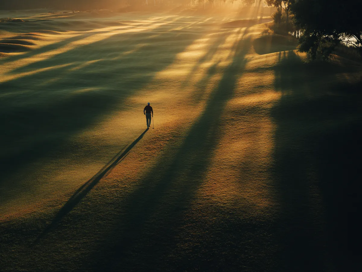 Golfer walking down a scenic tree-lined fairway at sunset, planning his next shot